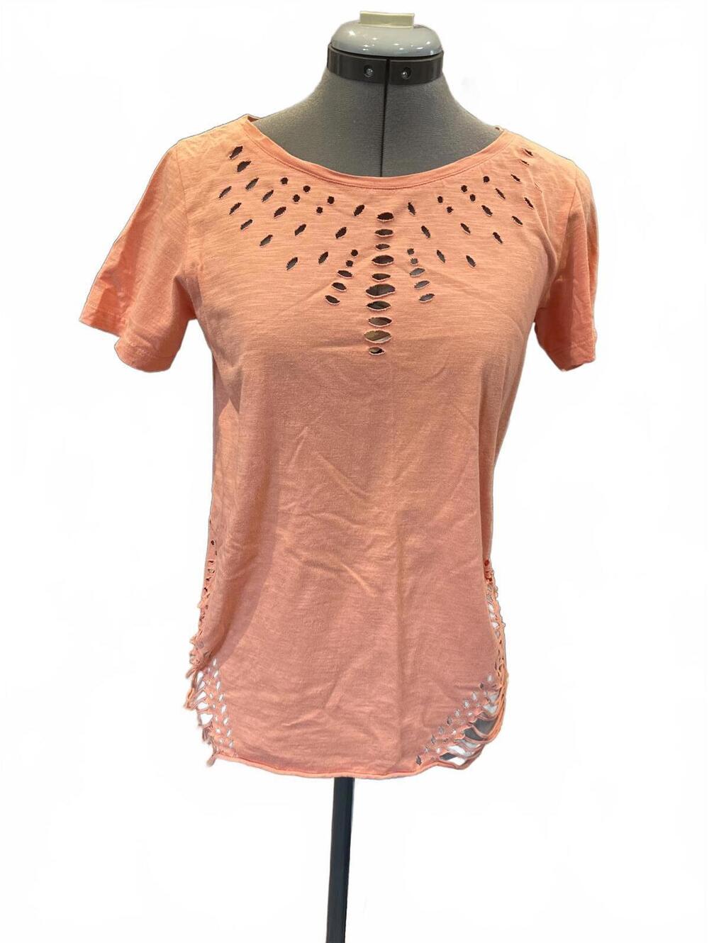 Pepin by Anthropologie Women's Peach Short Sleeve Distressed T-Shirt Size Small
